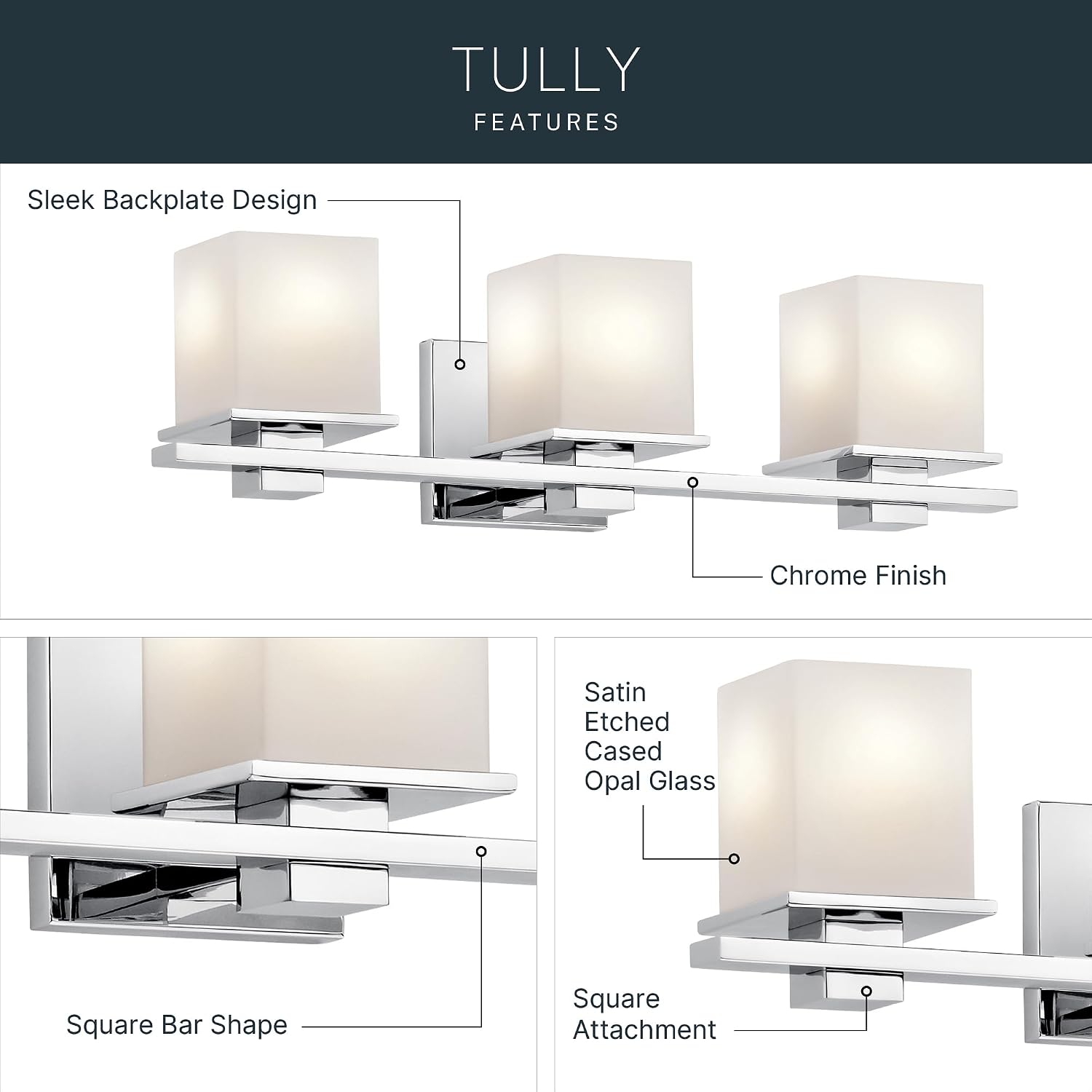 Kichler Tully 24' Vanity Light in Chrome, 3-Light Modern Bathroom Light with Satin Etched Cased Opal Glass, (24' W x 6.5' H), 45151CH