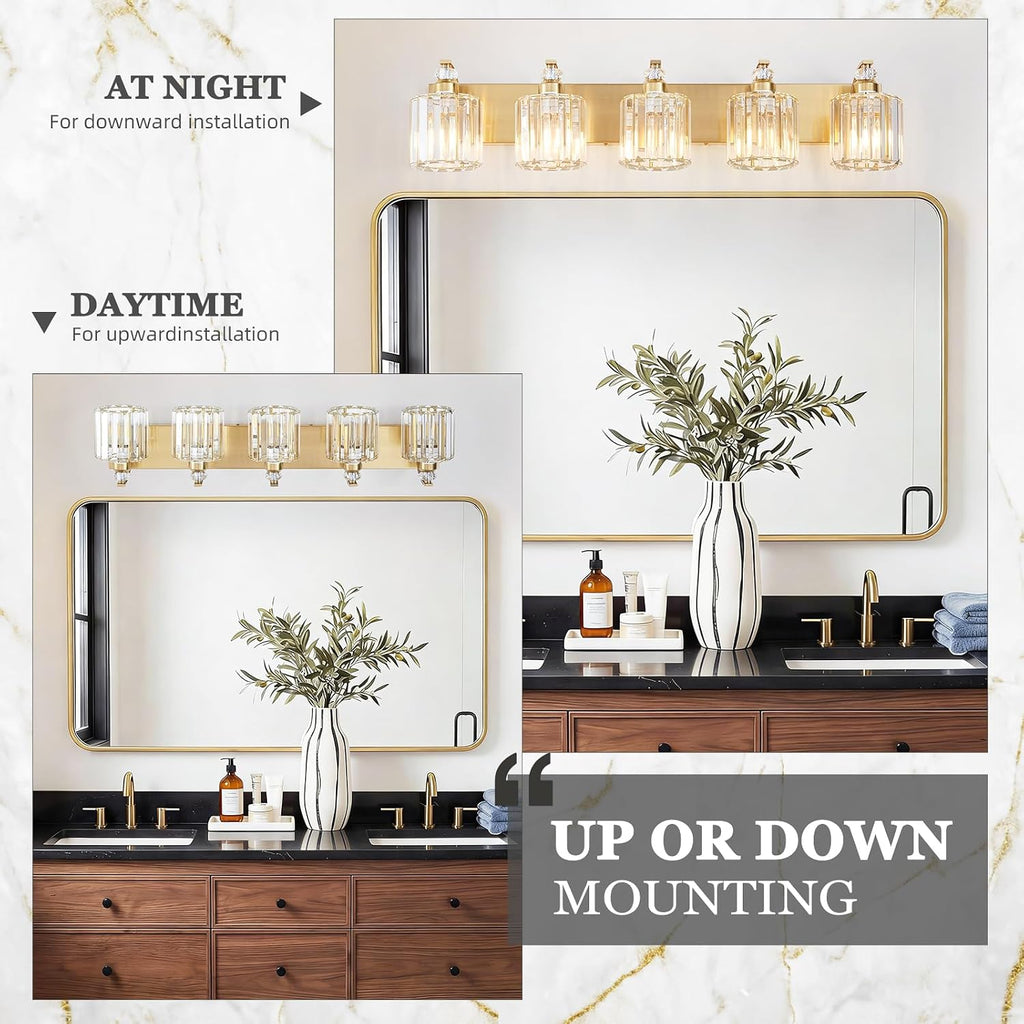5-Lights Brushed Brass Bathroom Light Fixture Gold Vanity Lights Modern Crystal Bathroom Vanity Lighting Over Mirror Wall Sconce with K9 Crystal Shade E26 Base for Living Room, Bedroom Wall Lamp