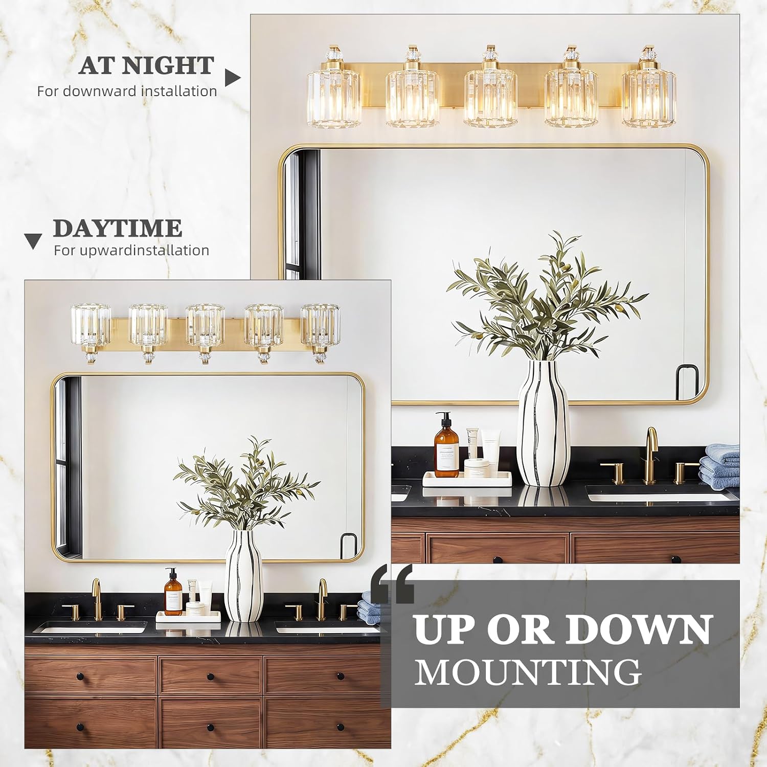 5-Lights Brushed Brass Bathroom Light Fixture Gold Vanity Lights Modern Crystal Bathroom Vanity Lighting Over Mirror Wall Sconce with K9 Crystal Shade E26 Base for Living Room, Bedroom Wall Lamp