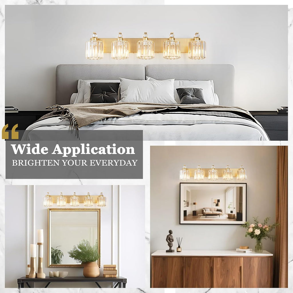 5-Lights Brushed Brass Bathroom Light Fixture Gold Vanity Lights Modern Crystal Bathroom Vanity Lighting Over Mirror Wall Sconce with K9 Crystal Shade E26 Base for Living Room, Bedroom Wall Lamp