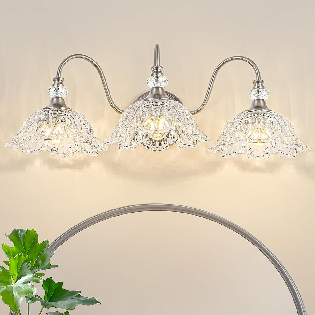 Brushed Nickel 3-Light Bathroom Vanity Light with Floral Clear Glass Shades, Brushed Nickel Wall Mount Lighting for Bathroom, Dressing Table