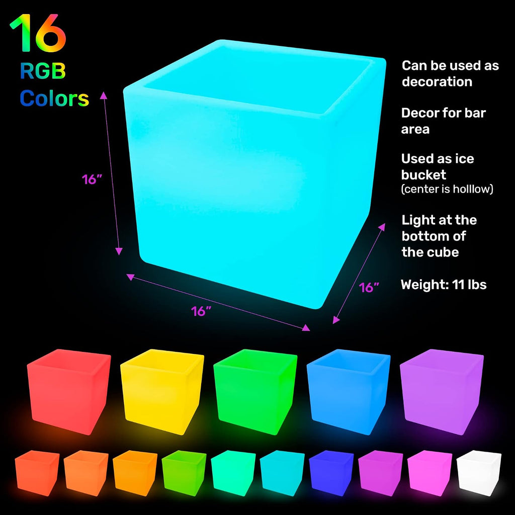Hullaballoo 16-Inch LED Storage Cube Decorative Glow Furniture Waterproof Rechargeable RGB Color Changing Ice Bucket Flower Pot Planter w/Remote Party Night Romantic Indoor Outdoor Lighting