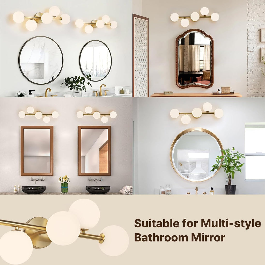 Bathroom Light Fixtures, Brushed Gold Bathroom Vanity Light Over Mirror with Milk White Glass Shades, Dimmable LED Wall Sconces for Hallway, Entryway, Living Room, Bedside, Staircase