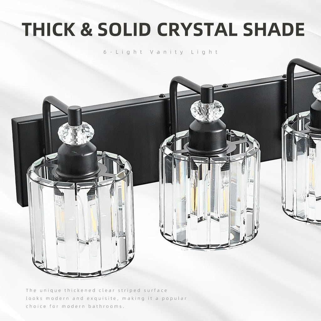 6-Light Black Bathroom Light Fixtures Over Mirror Modern Vanity Lights Crystal Wall Sconce Vintage Bathroom Lighting with Crystal Shade E26 Base for Bedroom, Living Room, Hallway