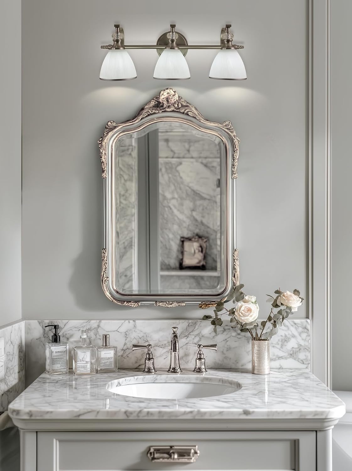 ANDY STAR Bathroom Light Fixture, 3-Light Bathroom Vanity Light Brushed Nickel, Vintage Wall Sconce with Hand-Painted Frosted Lampshade, Wall Lamp in Silver Finish for Bedroom, Living Room, Restroom