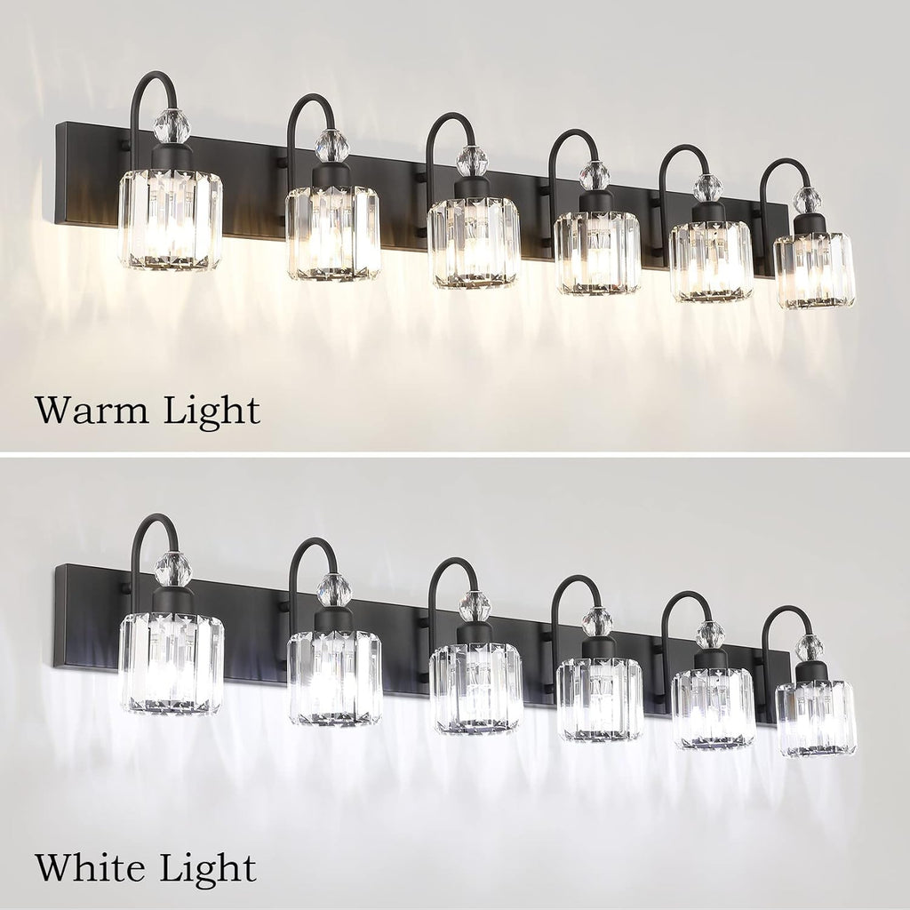 Ralbay Modern 6-Light Black Crystal Vanity Lights for Bathroom - Matte Black Crystal Wall Light Fixtures