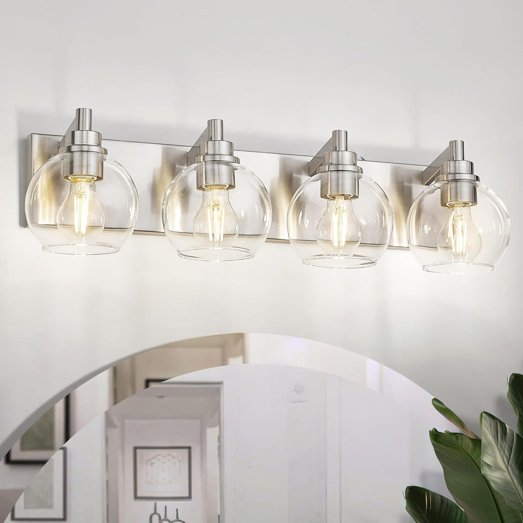 Bathroom Light Fixtures, 4 Light Brushed Nickel Vanity Light, 26 Inch Modern Wall Sconces with Globe Clear Glass Shade, Vanity Lighting Fixtures Over Mirror, VL195-BN-CL-4