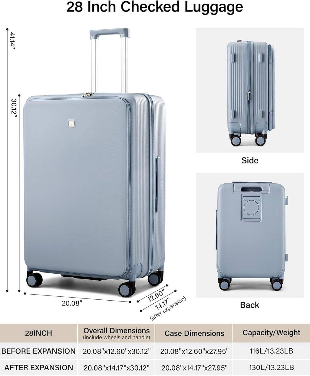 Hanke Large Expandable 28 Inch Luggage with Spinner Wheels Top Opening Travel Luggage Hard Shell Rolling Suitcases Lightweight Checked Luggage with Cup Holder(Grey)