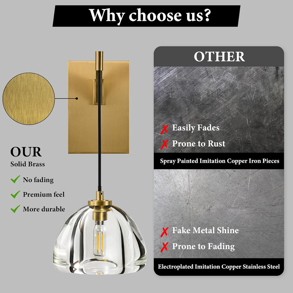 Crystal Brass Dome Wall Sconce - Luxury Brushed Lighting Fixture with K9 Crystals Cloche - Set of 2 Modern Gold Sconces - Dimmable Indoor Hanging Light for Bathroom Bedroom Living Room Stair Hallway