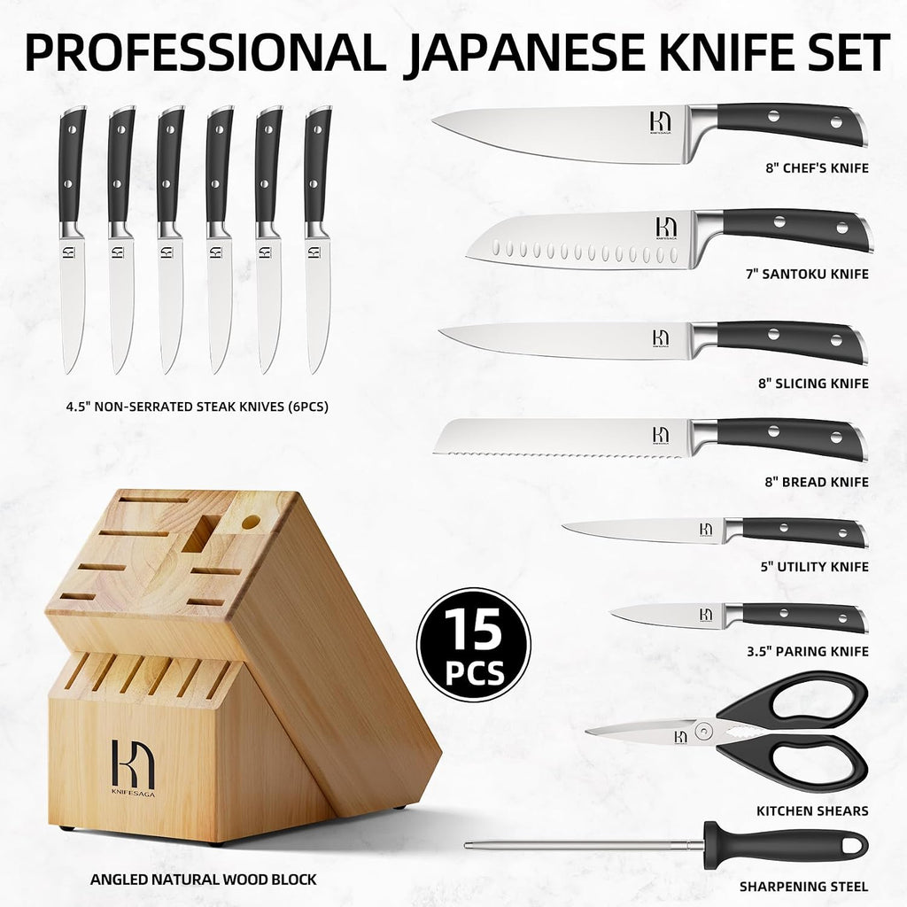 KnifeSaga Knife Set with Block, Japanese 15 PCS Ultra Sharp Ktichen Knives Set, High Carbon Stainless Steel Knife Block Set with Sharpener, Professional Knives with Ergonomic Handle for Home Chefs