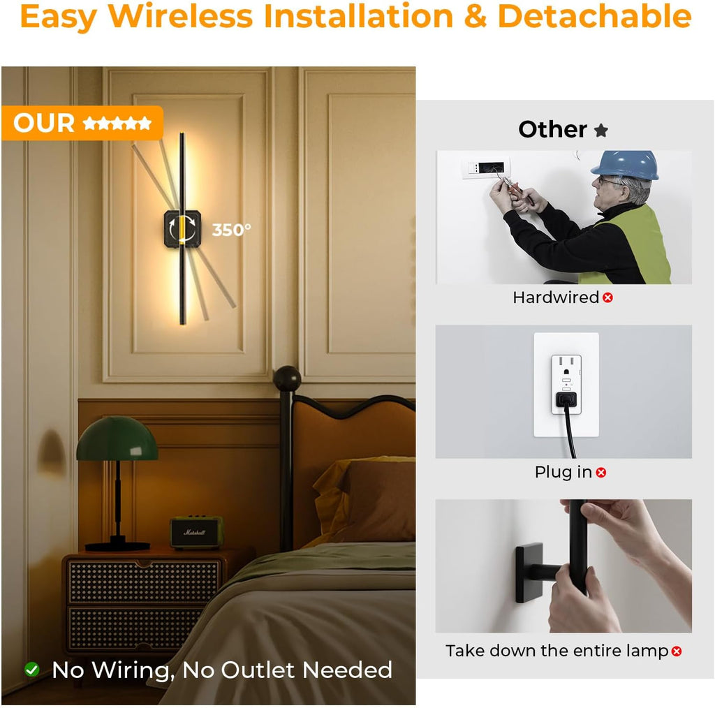GvvooHome Battery Operated Wall Sconce Detachable 360°Rotate, Wireless Wall Lamp 3000-6500K Dimmable, 10000mAh Rechargeable Wall Light for Bedroom, Living Room，28.3' Black Gold 4 Pack
