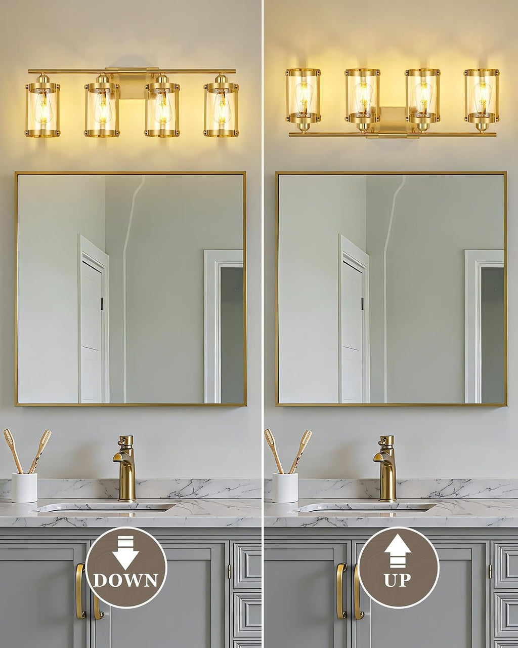 4-Light Brushed Gold Bathroom Light Fixtures with Clear Glass and Metal Cage, 29 Inch Modern Brass Vanity Lighting Over Mirror Wall Sconce Lights for Bath, E26, Rust-Proof, OS-3014BG-4W