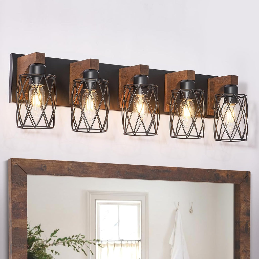 5-Light Farmhouse Bathroom Vanity Light, Wood Bathroom Lighting Fixtures Over Mirror, Black Vanity Light Fixtures with Cage Metal Shade, Rustic Bathroom Light with E26 Base