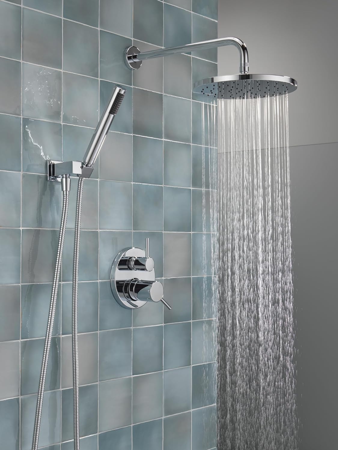 Delta Modern 14 Series Round Rain Shower System Faucet Set, Rainfall Chrome Shower Head and Handle Set, Valve Trim Kit, 10 Inch, Chrome 342702