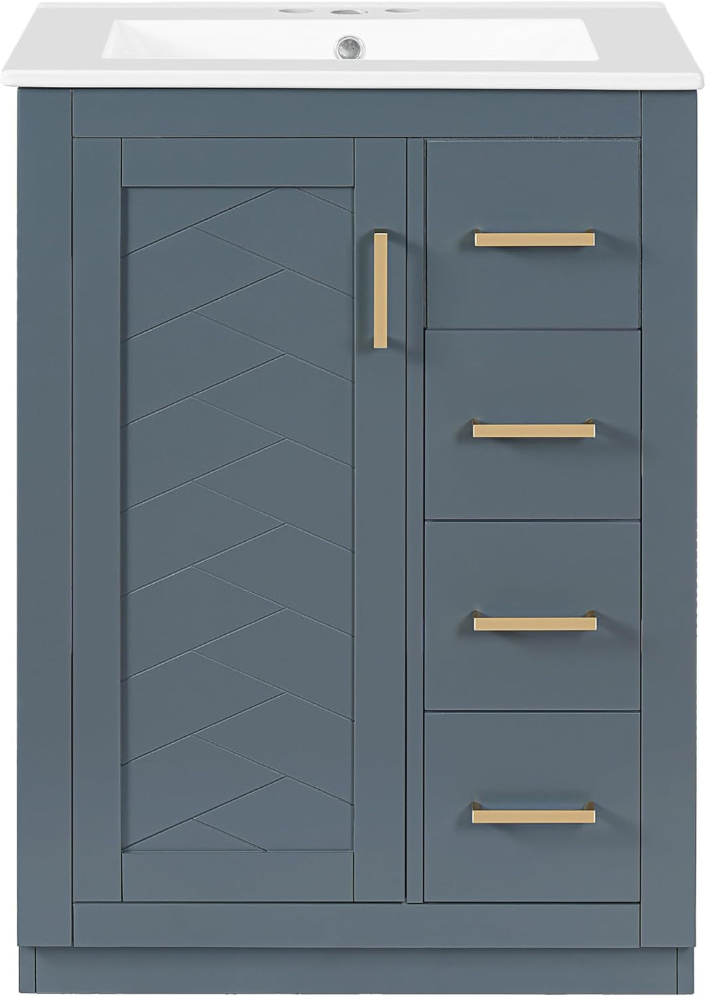 24 Inch Dark Blue Bathroom Vanity with Sink & Integrated Countertop,Modern Freestanding Bathroom Vanity with Single Sink,Gold Handles & Right Hand 3 Drawers,Soft Closing Door,Herringbone Front