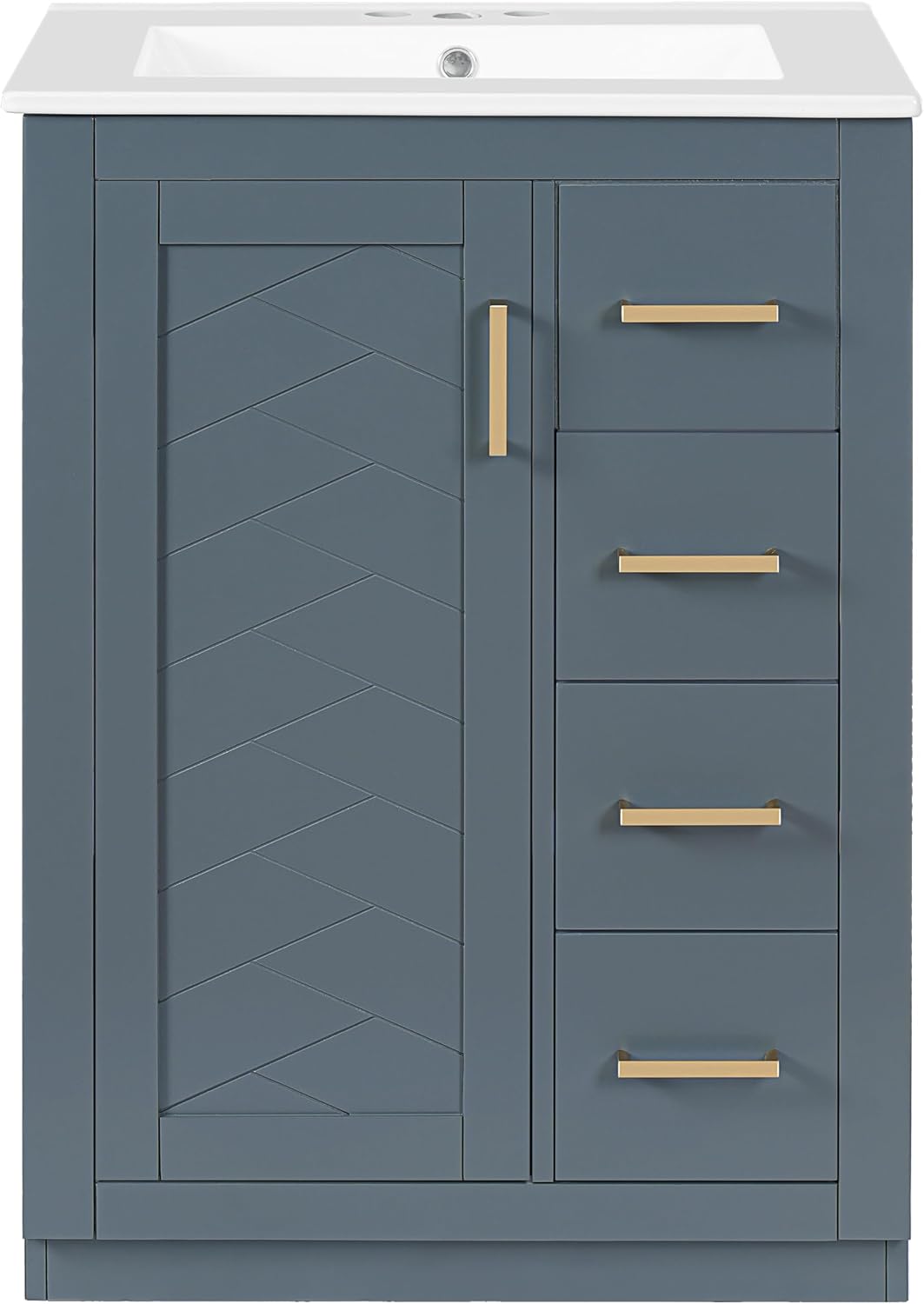 24 Inch Dark Blue Bathroom Vanity with Sink & Integrated Countertop,Modern Freestanding Bathroom Vanity with Single Sink,Gold Handles & Right Hand 3 Drawers,Soft Closing Door,Herringbone Front