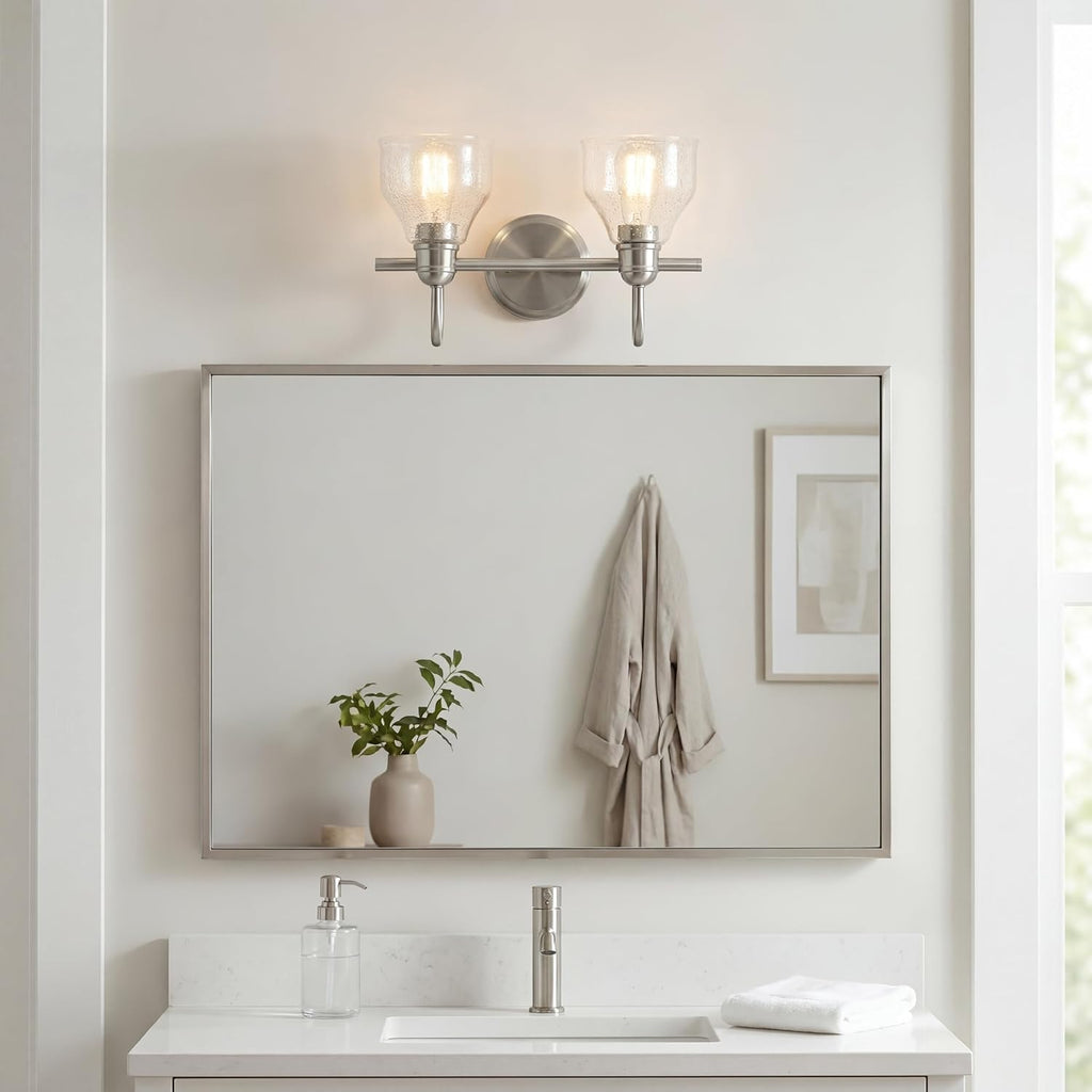 Kichler Avery 14.75' 2 Light Bathroom Vanity Light in Brushed Nickel, Vintage Bathroom Wall Mount Fixture with Clear Seeded Glass, (14.75' W x 9.25' H), 45972NI