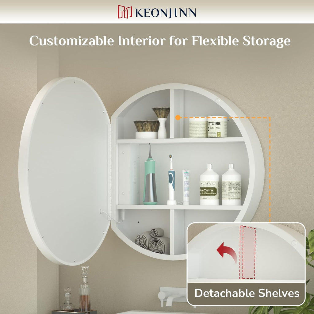 Keonjinn 30 Inch Round Lighted Medicine Cabinet, White LED Medicine Cabinet Mirror, Circle, Electrical Outlet, 3 Color Lights, Anti-Fog, Dimmable, Surface Mount Only