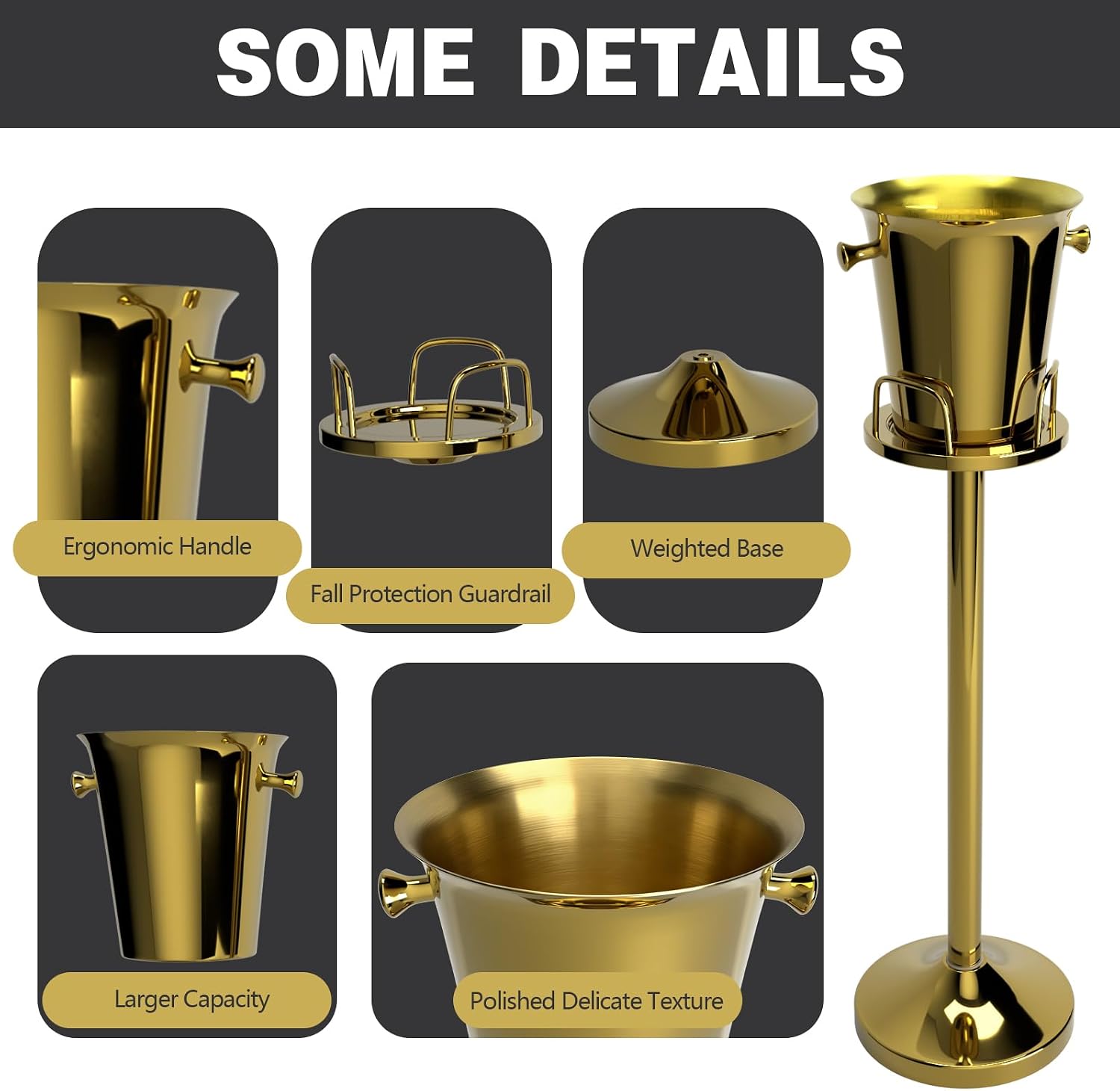 Champagne Bucket with Stand, Wine Bucket Stand with 5L Bucket, Stainless Steel Standing Ice Buckets for Bar, KTV, Hotel, Party, Gathering (Gold, 2 Packs)