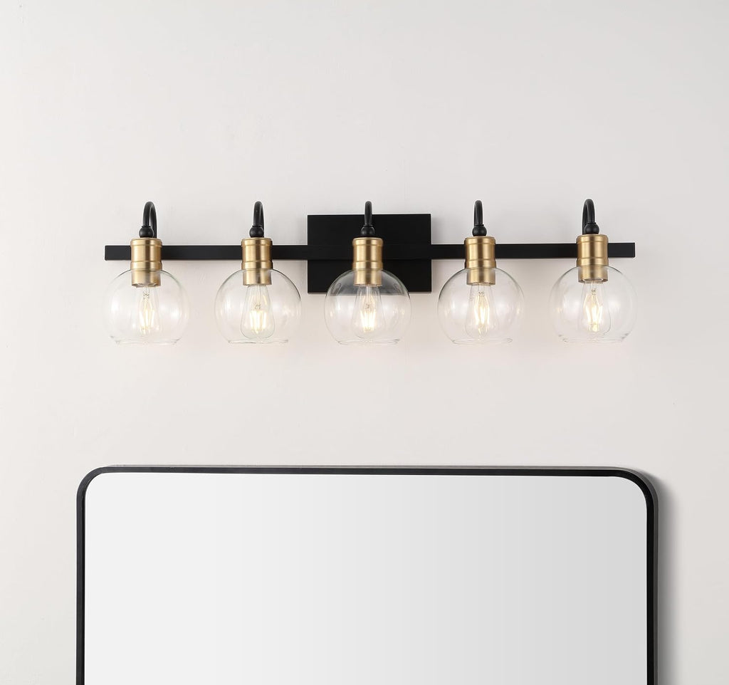 JONATHAN Y 36.5' Black/Brass Gold Vintage Wall Sconce, LED Vanity Light for Bathroom Bedroom Entryway, Clear Glass Globe Shade, Modern Industrial Arched Lamp, LED Bulb Included (JYL3556A)