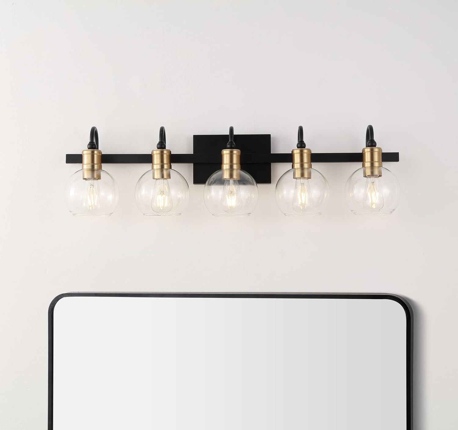 JONATHAN Y 36.5' Black/Brass Gold Vintage Wall Sconce, LED Vanity Light for Bathroom Bedroom Entryway, Clear Glass Globe Shade, Modern Industrial Arched Lamp, LED Bulb Included (JYL3556A)