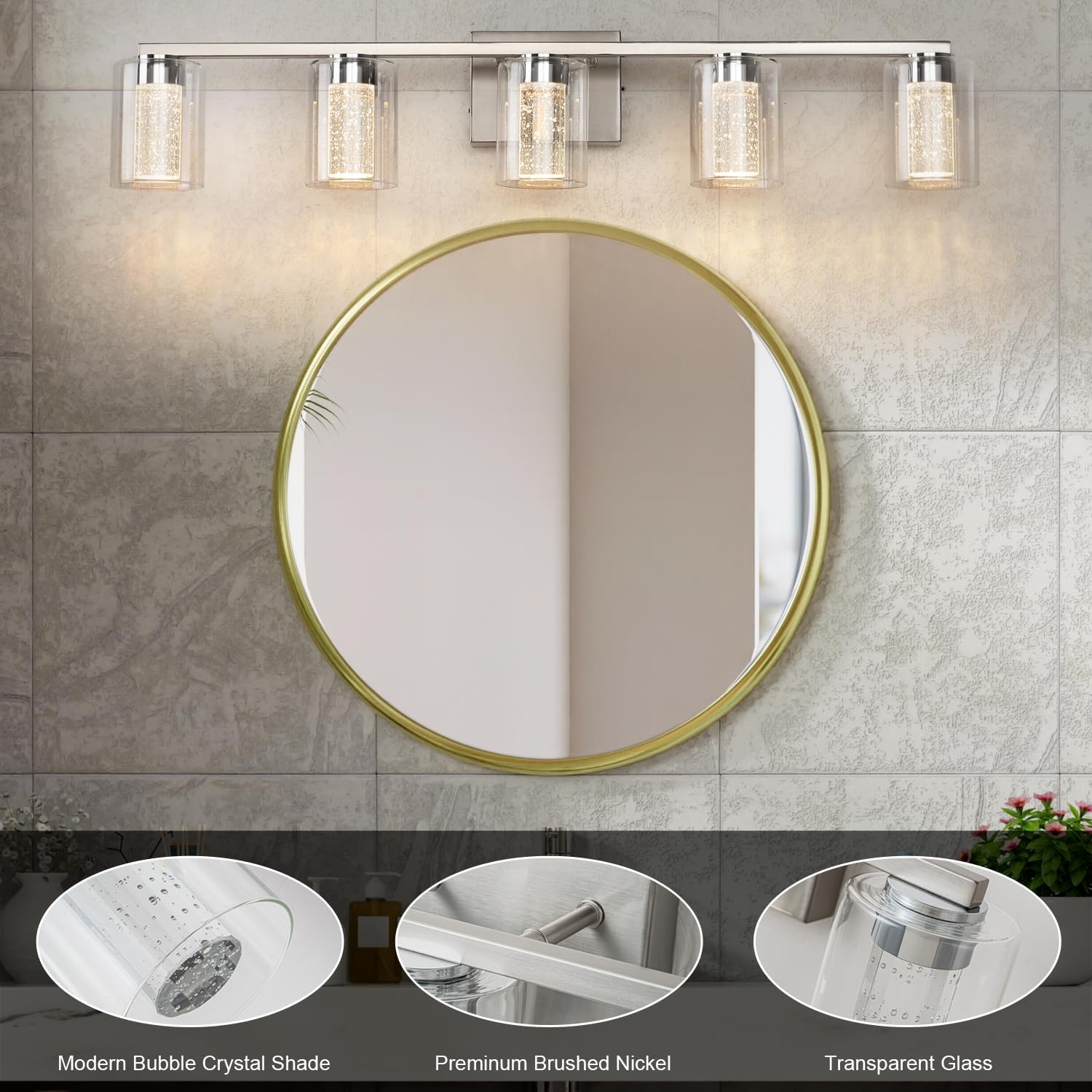 SineRise 5-Light Brushed Nickel Vanity Light with 3 Color Modes (3000K/4000K/6000K), Eye Protection LED Bathroom Light Fixture, Dimmable Modern Wall Light Over Mirror with Clear Glass Shade