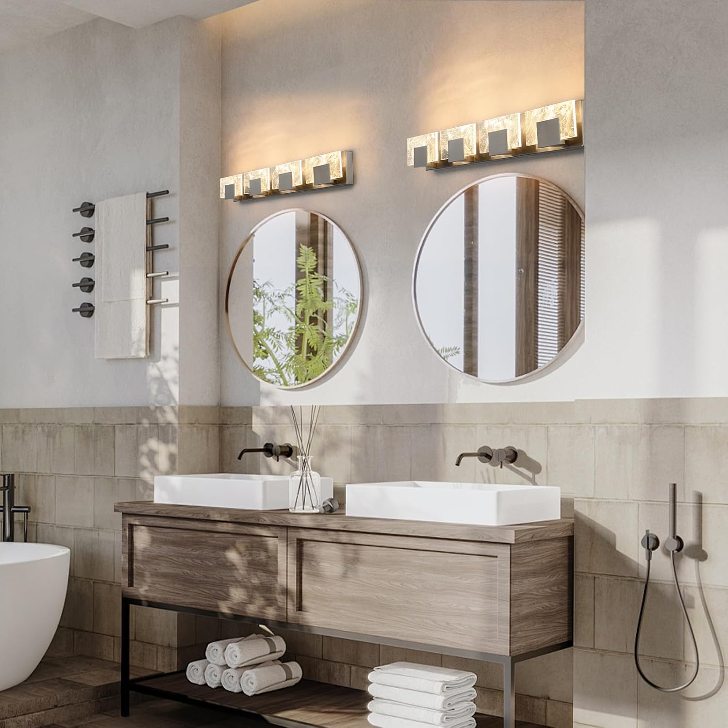 LED Bathroom Vanity Light: 32 Inch Brushed Nickel Acrylic Modern Lighting Fixtures - 4-Lights Contemporary Smoke Design Wall Lights Fixture Over Mirror 3000K