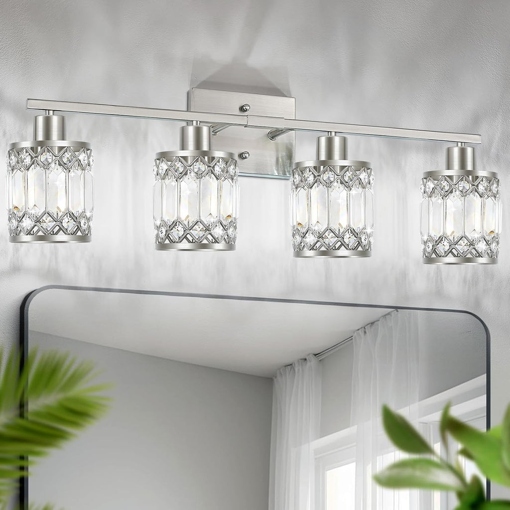 Crystal Modern Bathroom Light Fixtures, 4-Light Brushed Nickel Bathroom Vanity Wall Light, Vanity Lights for Mirror, Restroom, Bedroom (E26 Socket, Bulbs Not Included)