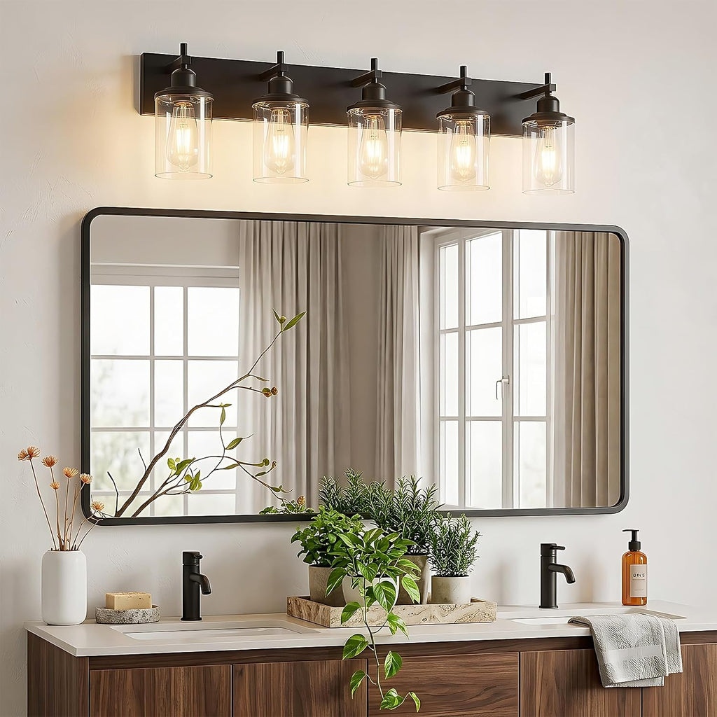 Lanhall 5-Light Black Bathroom Light Fixture Over Mirror Modern Farmhouse Bathroom Vanity Light Vintage Wall Lighting with Clear Glass Shade for Bathroom, Bedroom, Hallway, Cabinet