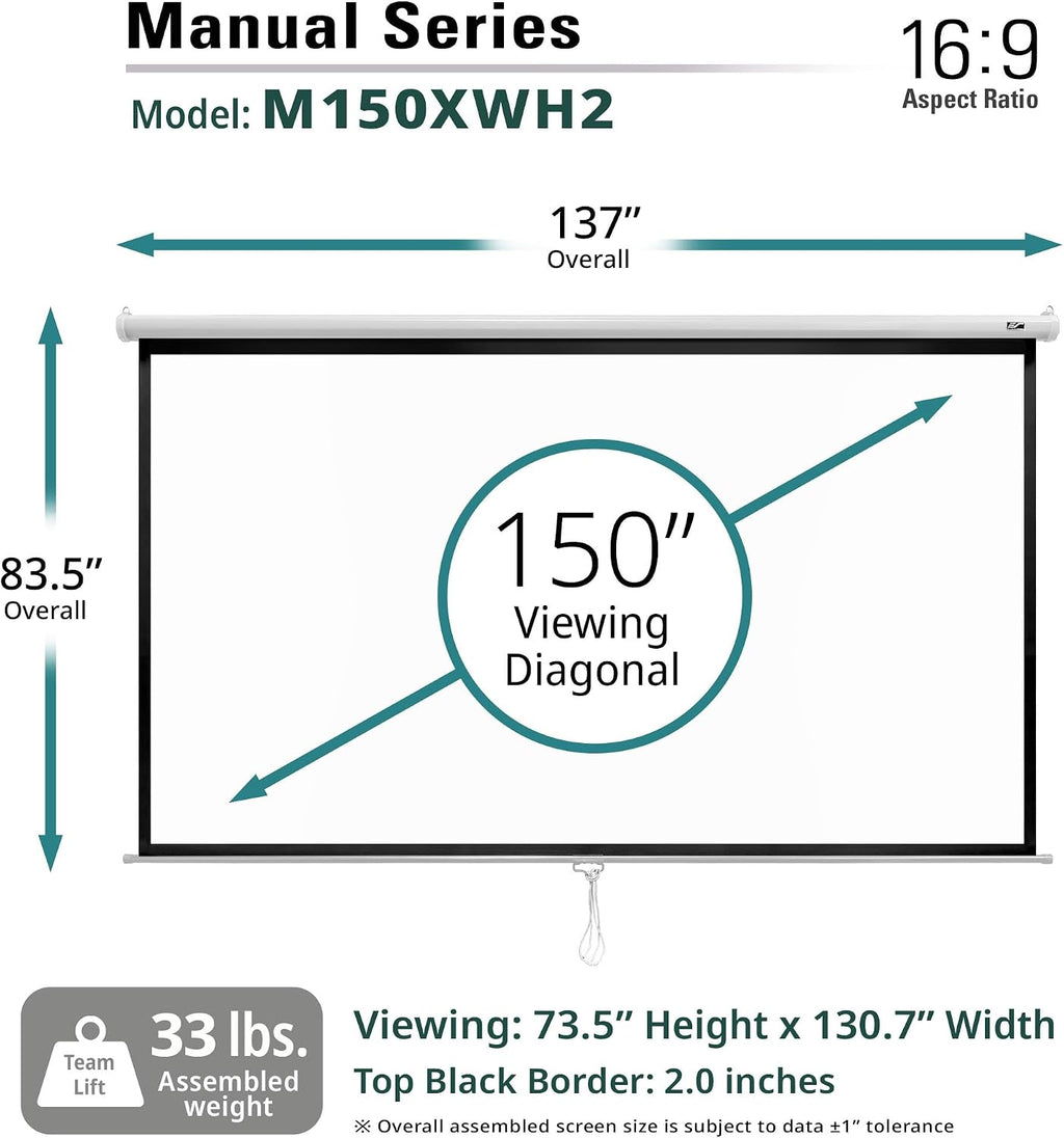 Elite Screens Manual Series, 150-INCH 16:9, Pull Down Manual Projector Screen with AUTO LOCK, Movie Home Theater 8K / 4K Ultra HD 3D Ready, 2-YEAR WARRANTY, M150XWH2,White