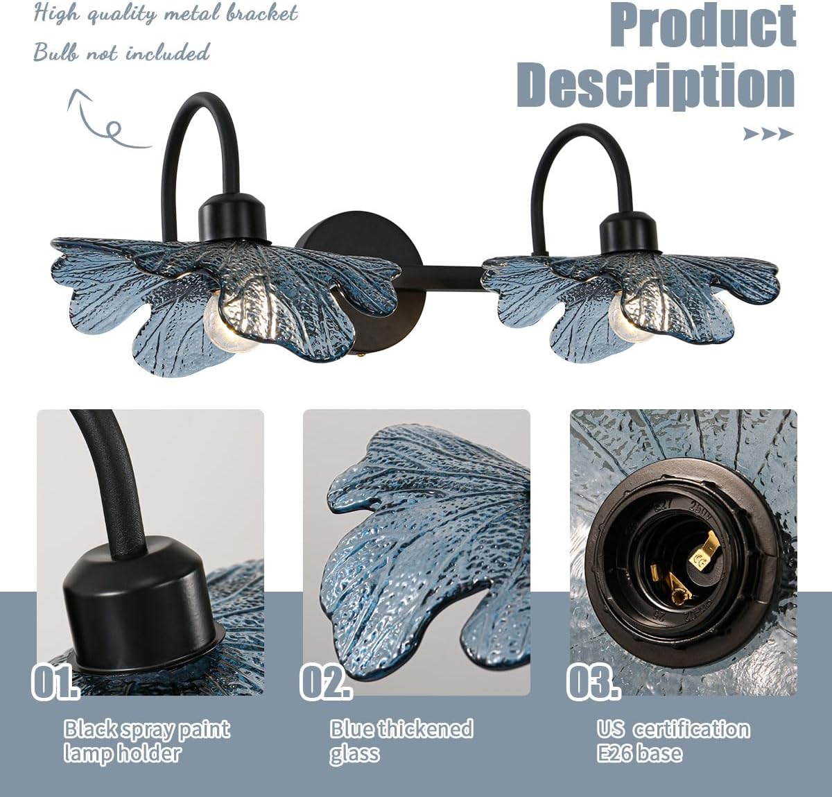 2-Light Glass Wall Mount Light Matte Black Wall Sconce Art Deco Blue Glass Bathroom Lights Fixtures Vintage Vanity Lights Over Mirror for Bedroom Hallway Living Room