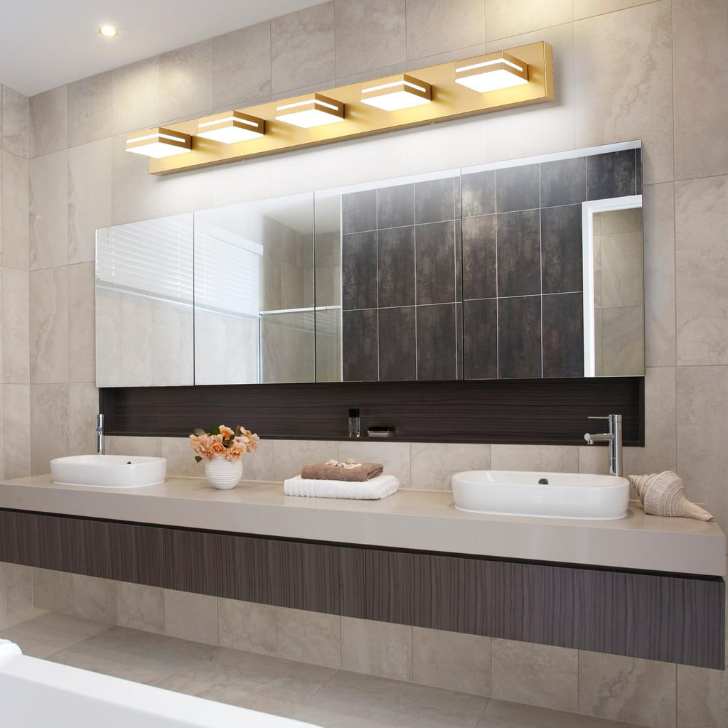 SineRise LED Modern Bathroom Vanity Light Fixtures (5-Light, 40-Inch, Dimmable), Matte Gold Modern Acrylic Bathroom Wall Lighting Fixtures Over Mirror (Cool White 6000K)