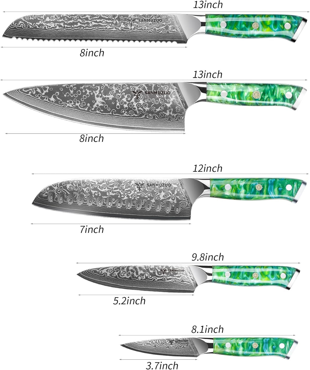 Chef Cooking Knives Set- Kitchen Knife Set of 5 Piece - Ultra-Sharp VG10 Damascus Steel & Resin Handle - Xuan Series (Jade Green)