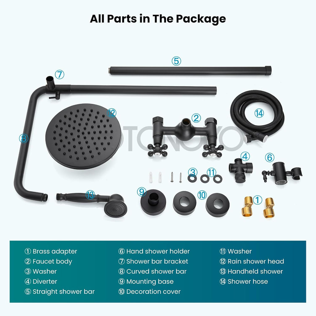gotonovo Exposed Bathroom Shower Faucet Set Shower Fixture 8 Inch Rainfall Shower Head Handheld Shower Cross Handle Wall Mount 2 Functions Matte Black
