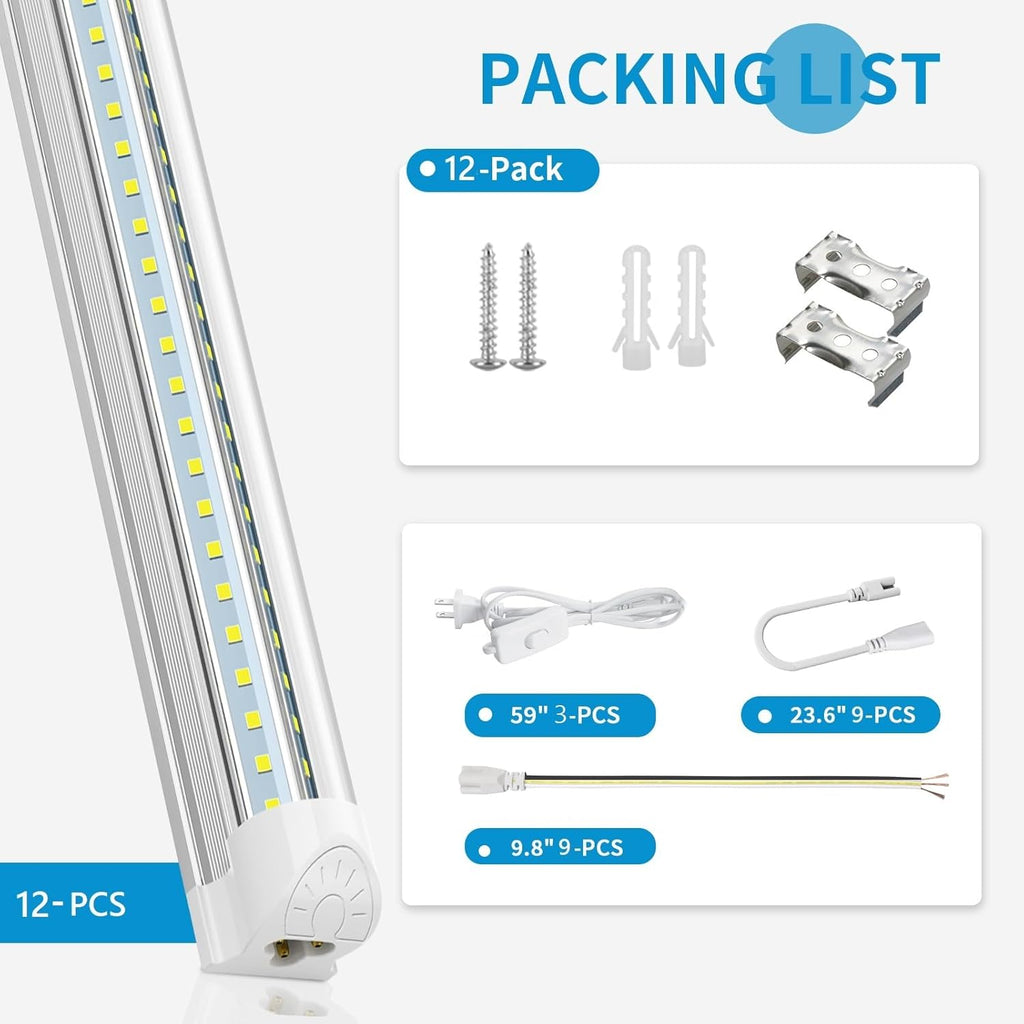 SHOPLED (12-Pack 4FT LED Shop Light, 45W 6300LM 6000K Cool White, Linkable V-Shape T8 LED Tube Lights Fixtures, 4 Foot Shop Lights for Garage Workshop Warehouse, Plug and Play, ETL Listed