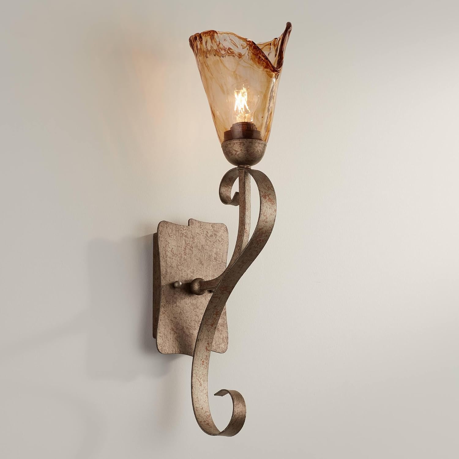 Franklin Iron Works Amber Scroll Rustic Wall Sconce Lighting Golden Bronze Metal Hardwired 23 1/2' High Fixture Amber Art Glass Cottage Core Decor for Bedroom Bathroom Bedside Home (Colors May Vary)