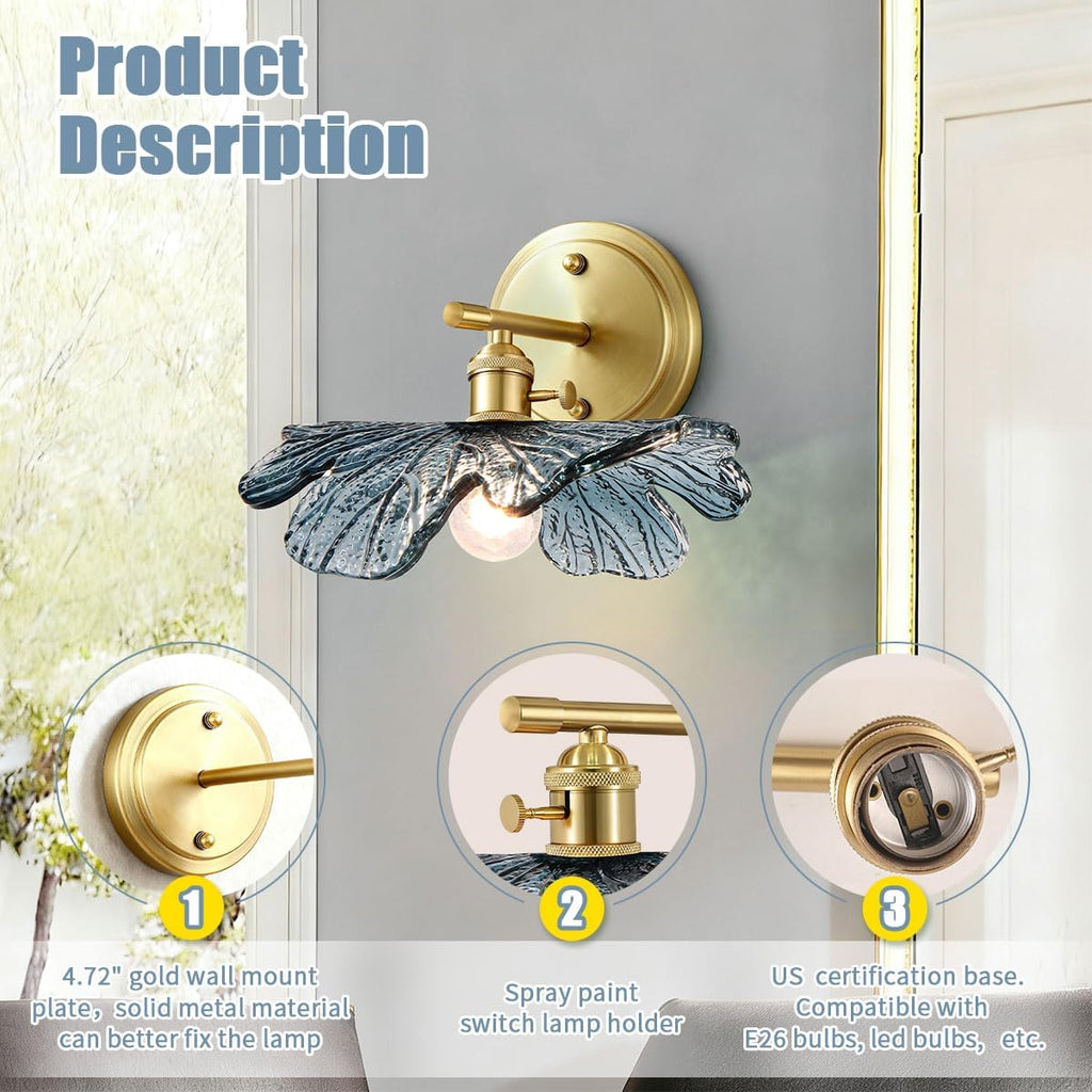 Vintage Wall Sconces Set of 2 Blue Flower Glass Shade Gold Brass Base Bathroom Vanity Lights Over Mirror Mid Century Modern Wall Lighting Fixtures for Bedroom Hallway Living Room