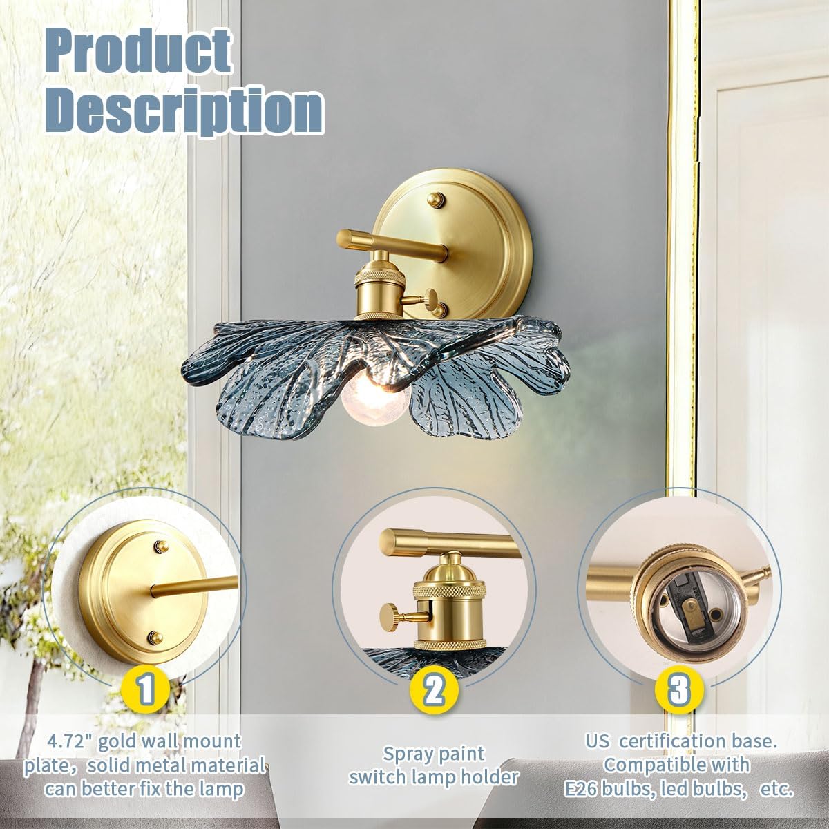 Vintage Wall Sconces Set of 2 Blue Flower Glass Shade Gold Brass Base Bathroom Vanity Lights Over Mirror Mid Century Modern Wall Lighting Fixtures for Bedroom Hallway Living Room
