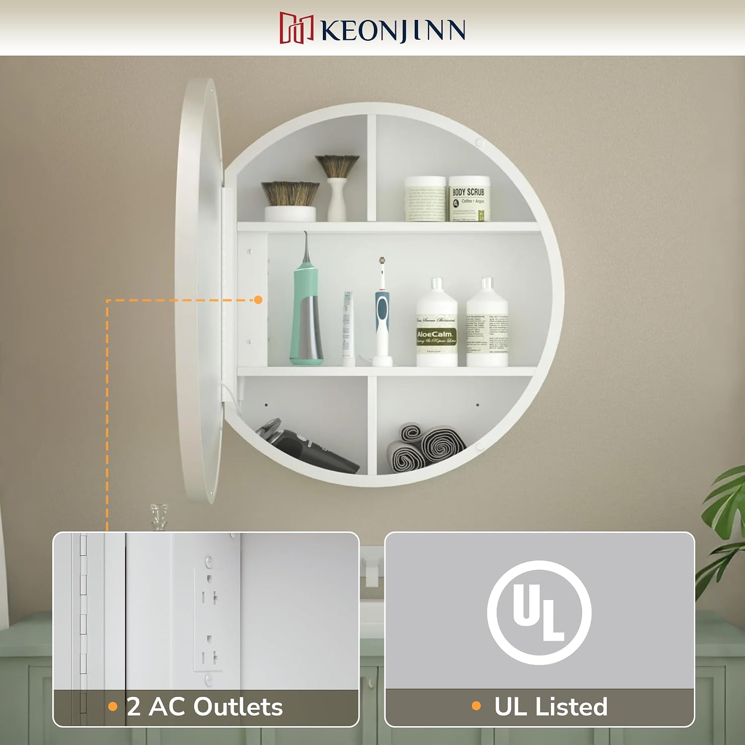 Keonjinn 30 Inch Round Lighted Medicine Cabinet, White LED Medicine Cabinet Mirror, Circle, Electrical Outlet, 3 Color Lights, Anti-Fog, Dimmable, Surface Mount Only