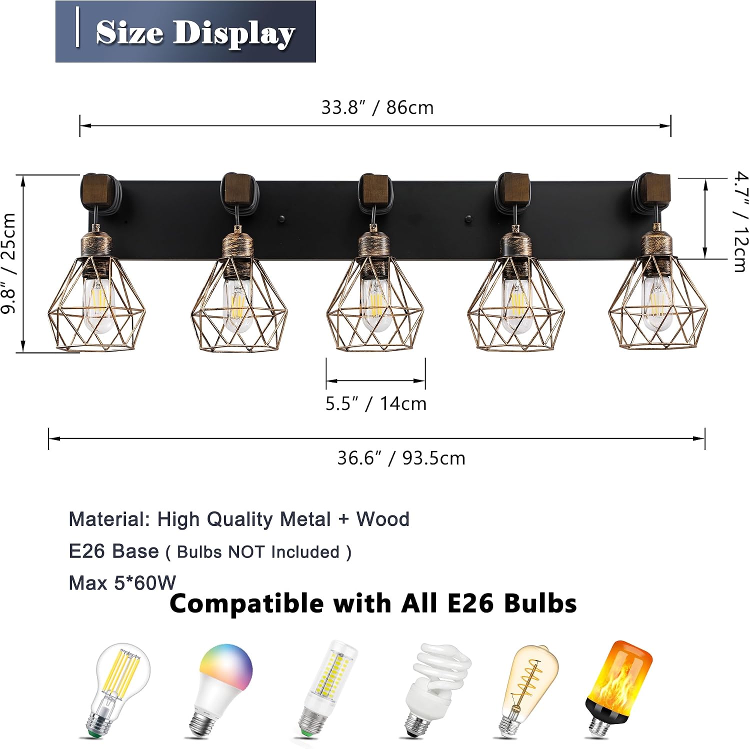 Farmhouse Bathroom Vanity Light Fixtures, 5-Light Wood Bathroom Light Fixtures Over Mirror, Rustic Sconces Wall Lighting with Elegant Metal Lampshade for Living Room, Bedroom, Hallway