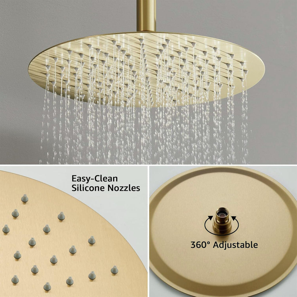 Iriber Brushed Gold Ceiling Mount Round Rain Shower System with 12 Inch Shower Head and Handheld Bathroom Golden Shower Set Contain Shower Faucet Mixer Trim Kit (Valve Included)