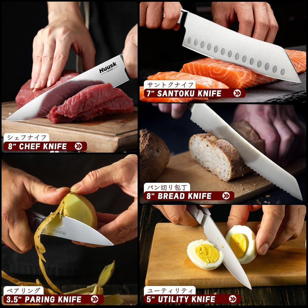 Huusk Kitchen Knife Set with Block & Built-in Sharpener - 15pcs Japanese Stainless Steel Knife Block Set - Sharp Professional Chef Sets for Kitchen - Home-warming Gift for Men
