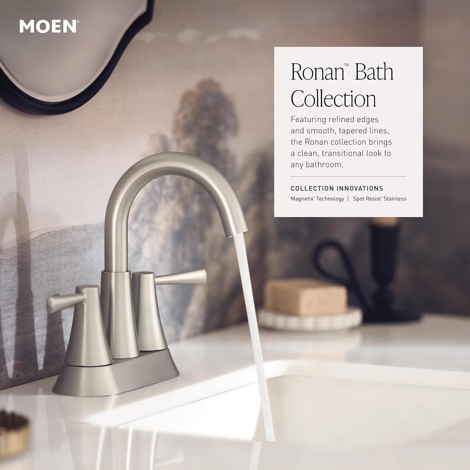 Moen 84023 Ronan Two-Handle Widespread Bathroom Sink Faucet, Valve Included, Chrome, Modern 3-Hole Faucet with Push-Down Drain Assembly
