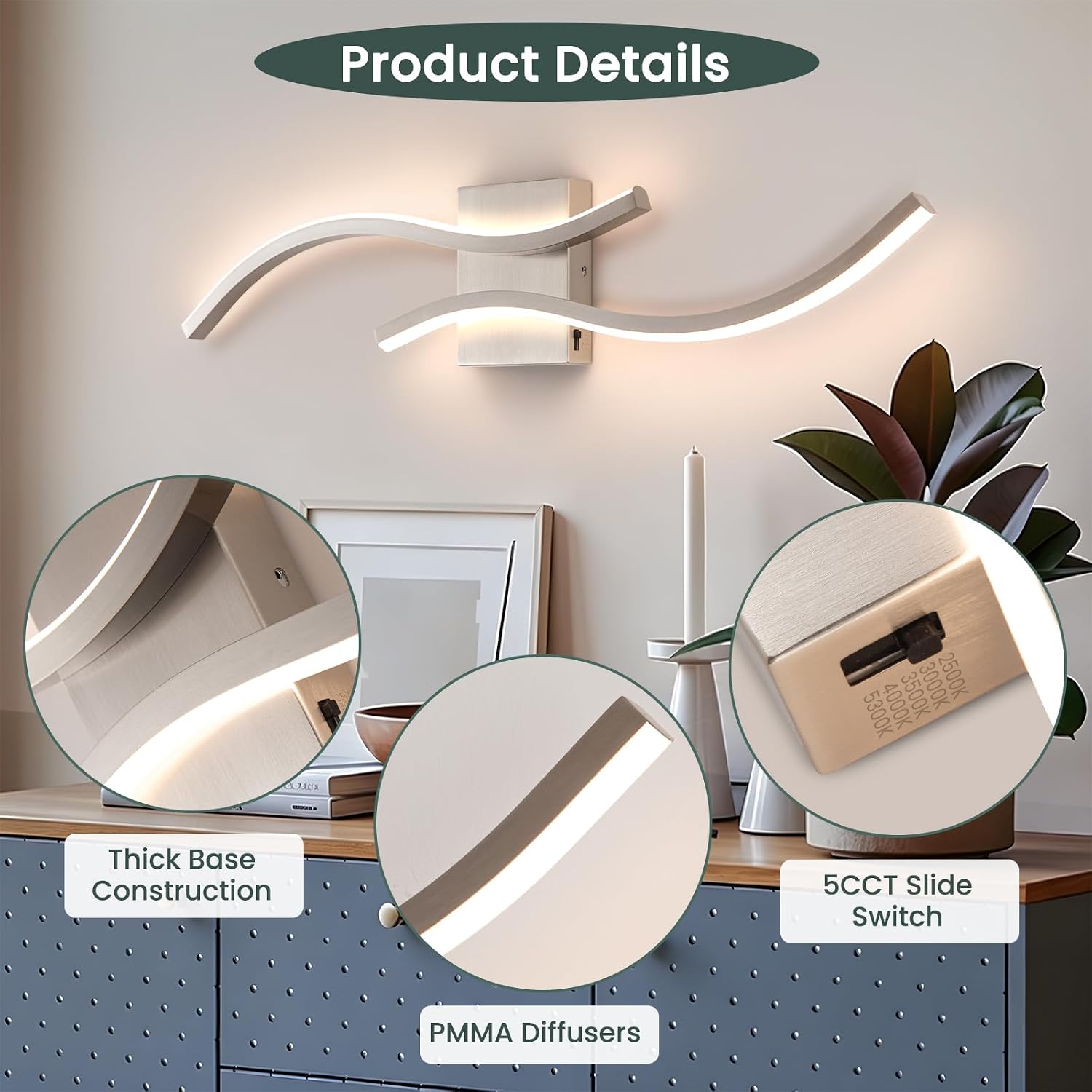 CANEOE Modern Wall Sconces Set of 2,5CCT Wall Lights(Brushed Nickel,31.5in) | Brushed Nickel Wall Sconce with Night Light Mode, ETL Listed, 1600LM, Vertical or Horizontal Mounting