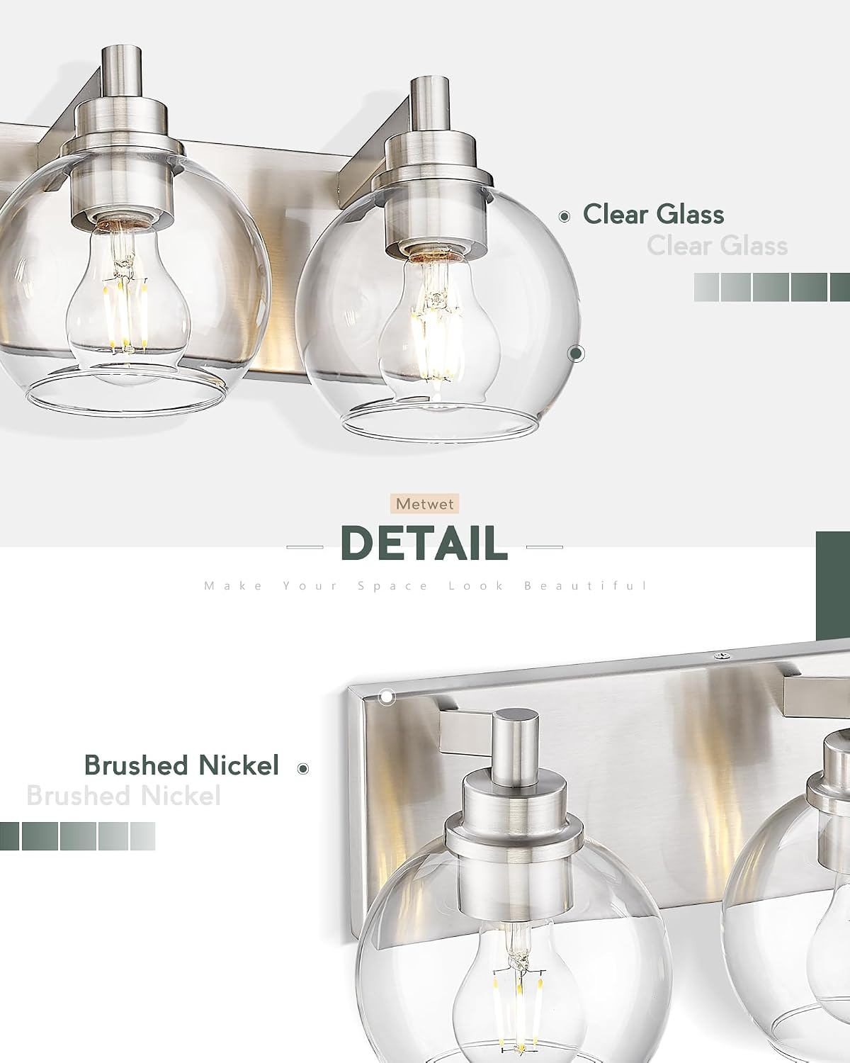 Bathroom Light Fixtures, 6 Light Brushed Nickel Vanity Light, 38 Inch Modern Wall Sconces with Globe Clear Glass Shade, Vanity Lighting Fixtures Over Mirror, VL195-BN-6