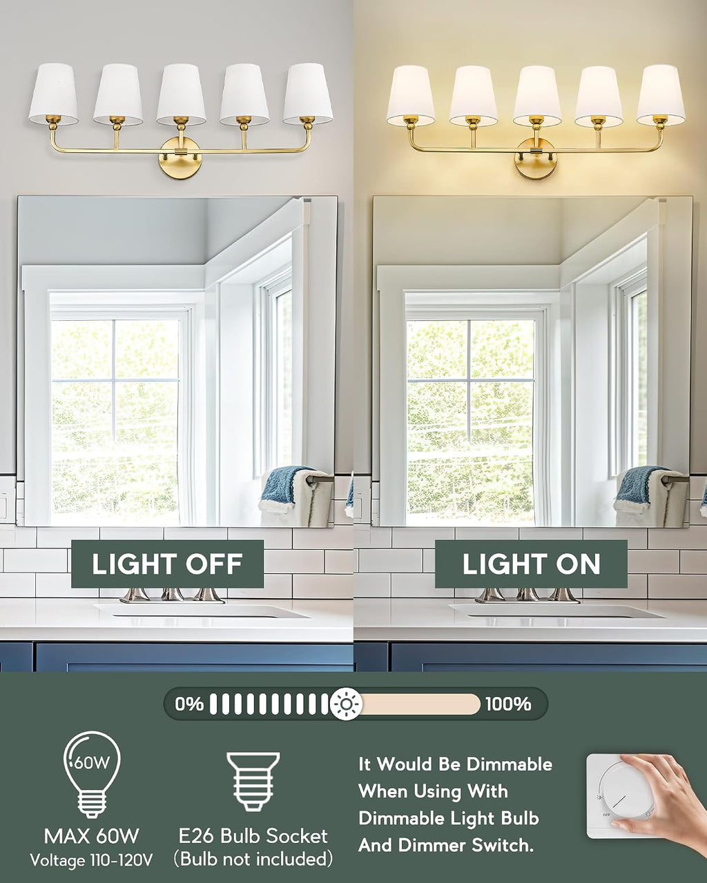 Bathroom Light Fixtures, 5 Light Brushed Gold Vanity Lights with Flared White Fabric Shade, 35 Inch Wall Sconce, Modern Sconces Wall Lighting for Hallway Bedroom, VL837-BG-5