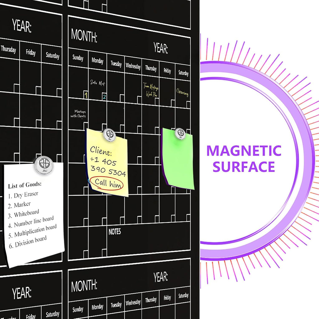 Magnetic Whiteboard Calendar Black Glass Board Yearly Calendar - 35' X 47' Large Wall Calendar - White Board Dry Erase Planner for Wall Home, School, Office