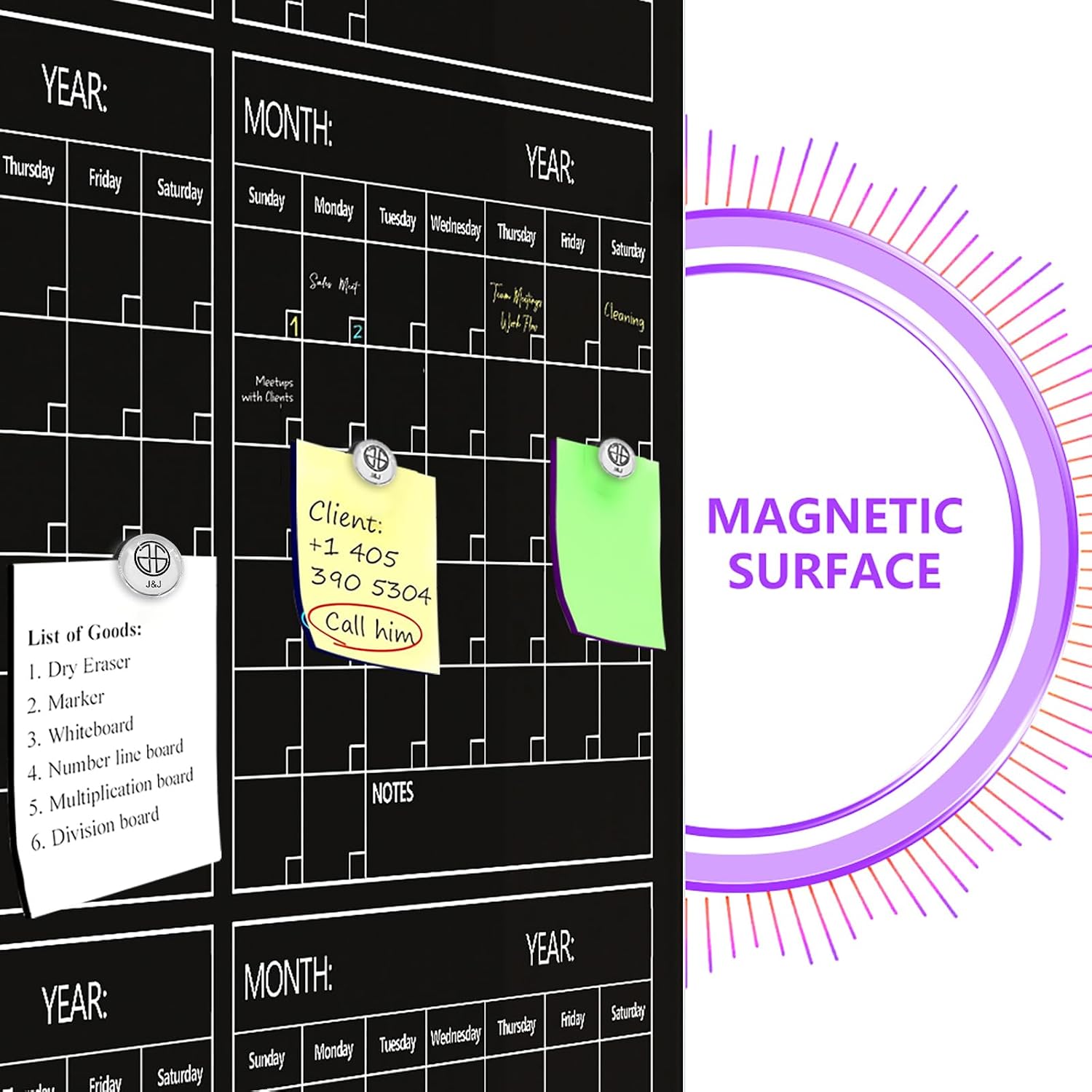 Magnetic Whiteboard Calendar Black Glass Board Yearly Calendar - 35' X 47' Large Wall Calendar - White Board Dry Erase Planner for Wall Home, School, Office