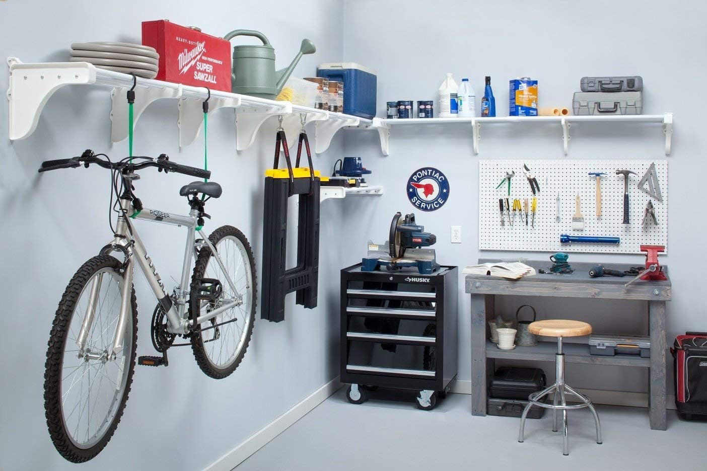 EZ Shelf-Expandable-Garage Shelf- -White- Easy to Install -Strong (up to 250 Lbs)- Wire Shelving Alternative –Wall Mounted Garage Shelf Organizer (White, 63.3'-240')