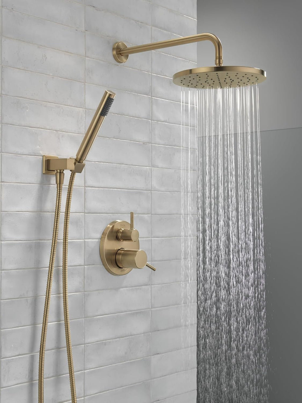 Delta Modern 14 Series Round Rain Shower System Faucet Set, Rainfall Brushed Gold Shower Head and Handle Set, Valve Trim Kit, 10 Inch, Champagne Bronze 342702-CZ